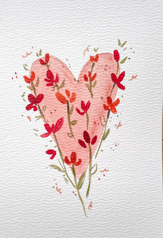 Valentine’s Card - Pink Heart - Red Flowers