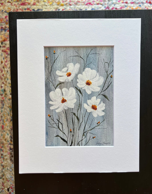 Watercolor Art Print 5x7 - White Cosmos Wildflowers