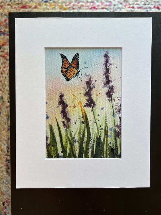 Watercolor Art Print 5x7 - Monarch Butterfly & Lavender