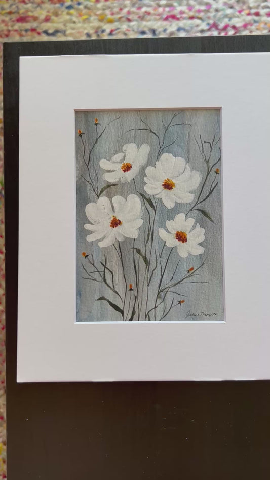 Watercolor Art Print 5x7 - White Cosmos Wildflowers